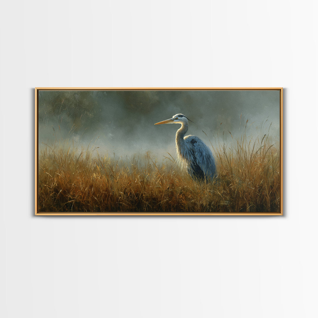 Blue Heron Standing Framed Canvas Print, Animal Art, Art Deco, Living Room Decor, Creature, Cat Art, Safari Nursery Decor, ANI-2x1-55