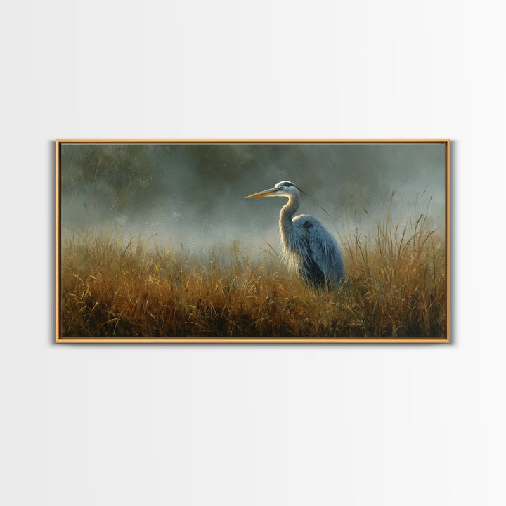 Blue Heron Standing Framed Canvas Print, Animal Art, Art Deco, Living Room Decor, Creature, Cat Art, Safari Nursery Decor, ANI-2x1-55