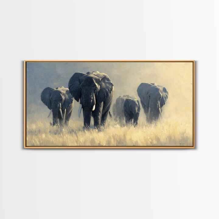Elephant Family Walking Through Dusty Golden Light Canvas Print, Animal Art, Wall Art, Living Room Decor, Fine Art, Creature, ANI-2x1-58