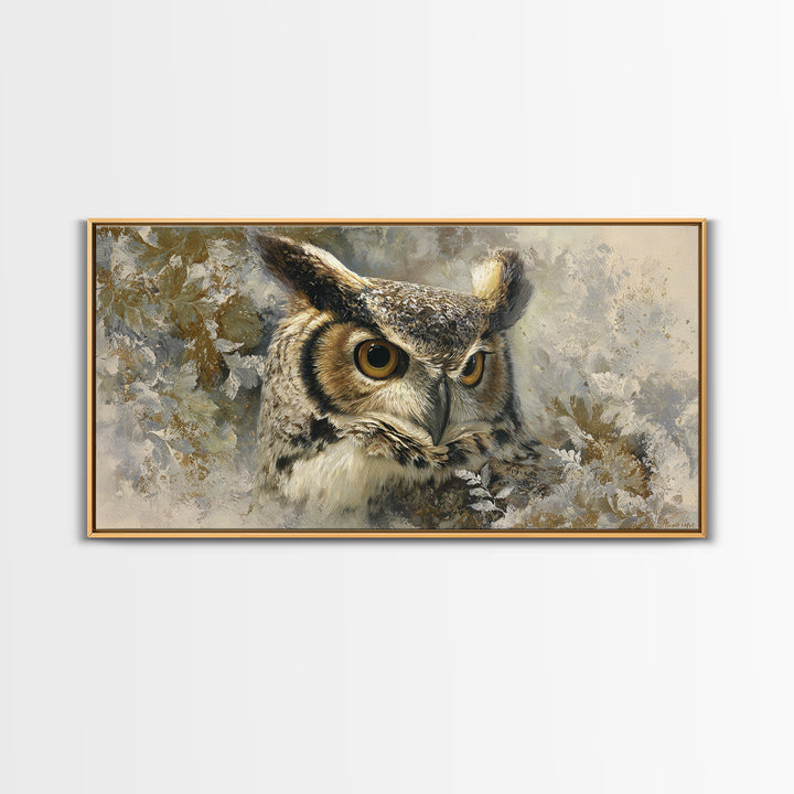Owl with Moonlit Feathers and Celestial Accents Framed Canvas Print, Animal Art, Nursery, Living Room Decor, Watercolor Art, ANI-2x1-59