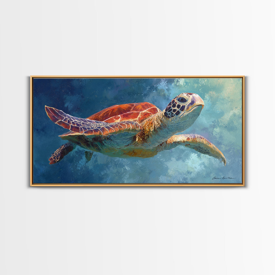 Sea Turtle Drifting Through Luminous Blue Water Canvas Print, Animal Art, Room Decor, Living Room Decor, Oil Painting, Creature, ANI-2x1-62