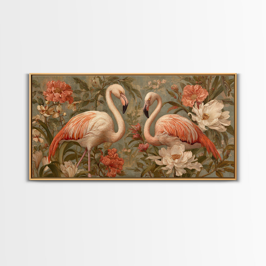 Flamingo Pair in Elegant Coral and Cream Canvas Print, Animal Art, Nursery Wall Art, Living Room Decor, Fine Art, Creature, ANI-2x1-63