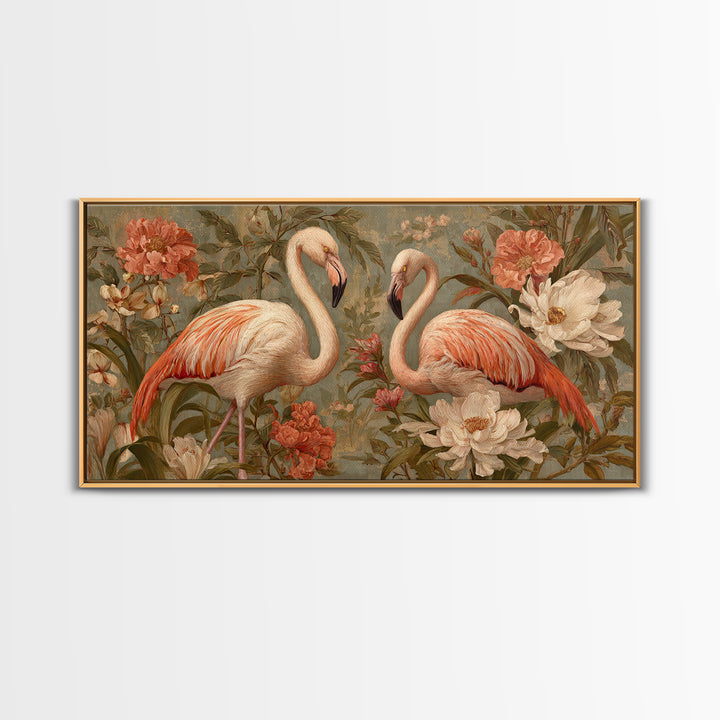 Flamingo Pair in Elegant Coral and Cream Canvas Print, Animal Art, Nursery Wall Art, Living Room Decor, Fine Art, Creature, ANI-2x1-63