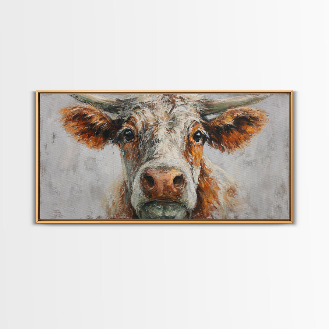 Gentle Cow Portrait Framed Canvas Print, Animal Art, Boho Decor, Living Room Decor, Oil Painting, Creature, Digital Prints, ANI-2x1-75