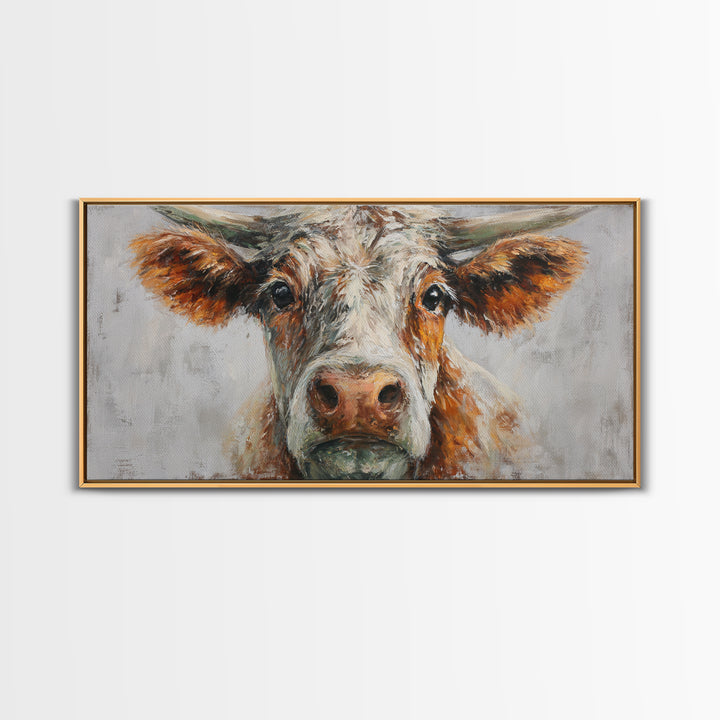 Gentle Cow Portrait Framed Canvas Print, Animal Art, Boho Decor, Living Room Decor, Oil Painting, Creature, Digital Prints, ANI-2x1-75