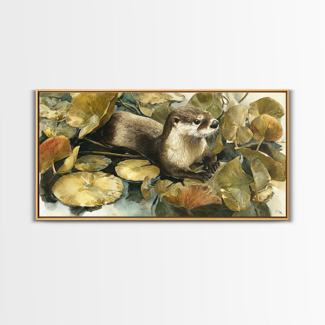 Playful Otter Floating Among Lily Pads Canvas Print, Animal Art, Nursery Wall Art, Living Room Decor, Fine Art, Creature, ANI-2x1-76