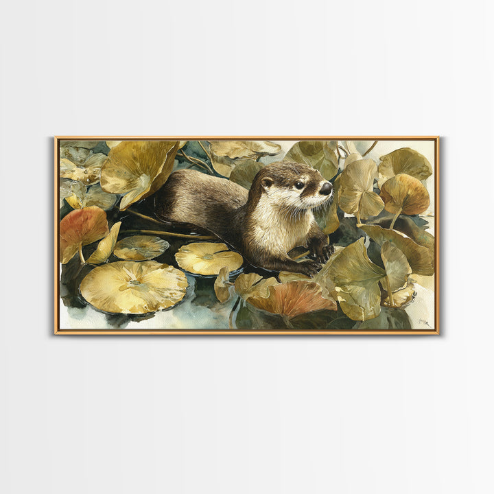 Playful Otter Floating Among Lily Pads Canvas Print, Animal Art, Nursery Wall Art, Living Room Decor, Fine Art, Creature, ANI-2x1-76
