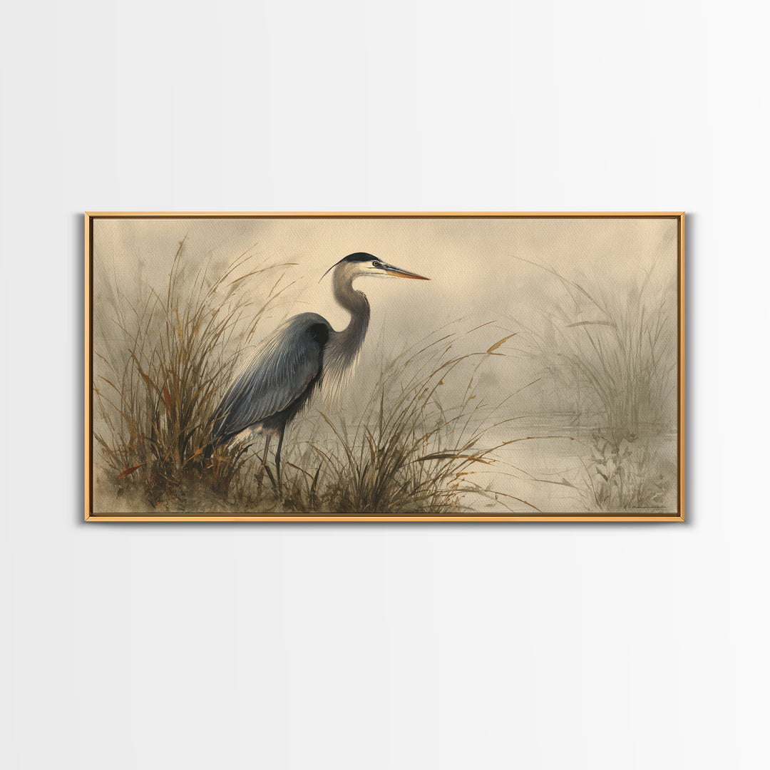 Blue Heron Standing Framed Canvas Print, Animal Art, Nursery Art, Living Room Decor, Fine Art, Creature, Luxury Decor, ANI-2x1-79