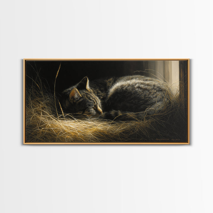 Sleeping Cat Curled Framed Canvas Print, Animal Art, Digital Print, Living Room Decor, Fine Art, Creature, Colorful Wall Art, ANI-2x1-80