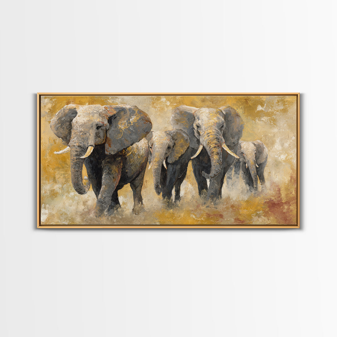 Elephant Family Walking Through Dusty Golden Light Canvas Print, Animal Art, Wall Art, Living Room Decor, Fine Art, Creature, ANI-2x1-82