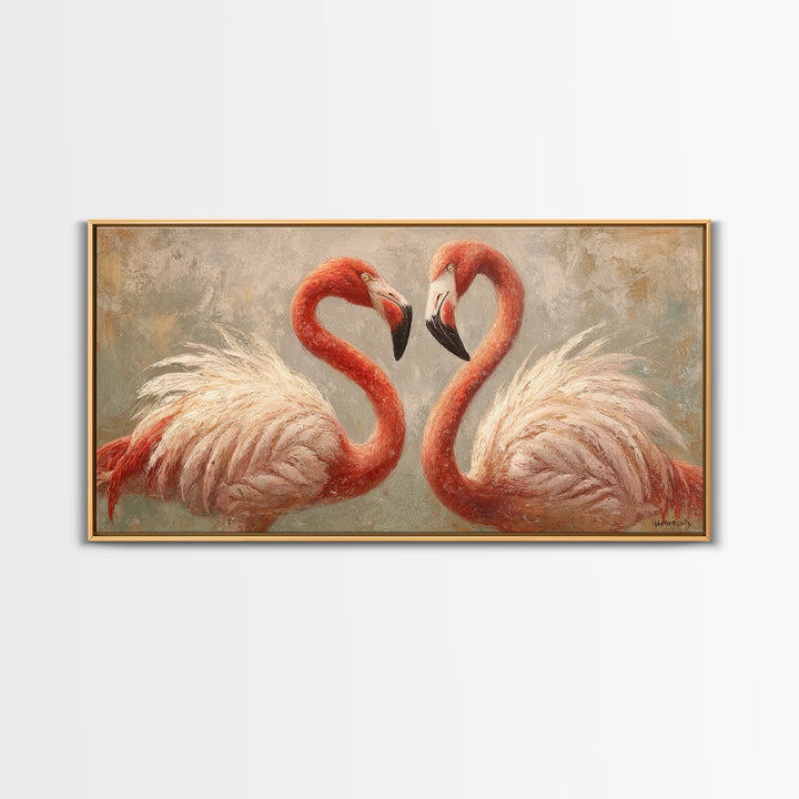 Flamingo Pair in Elegant Coral and Cream Framed Canvas Print, Animal Art, Living Room Decor, Fine Art, Creature, Fine Art Print, ANI-2x1-87