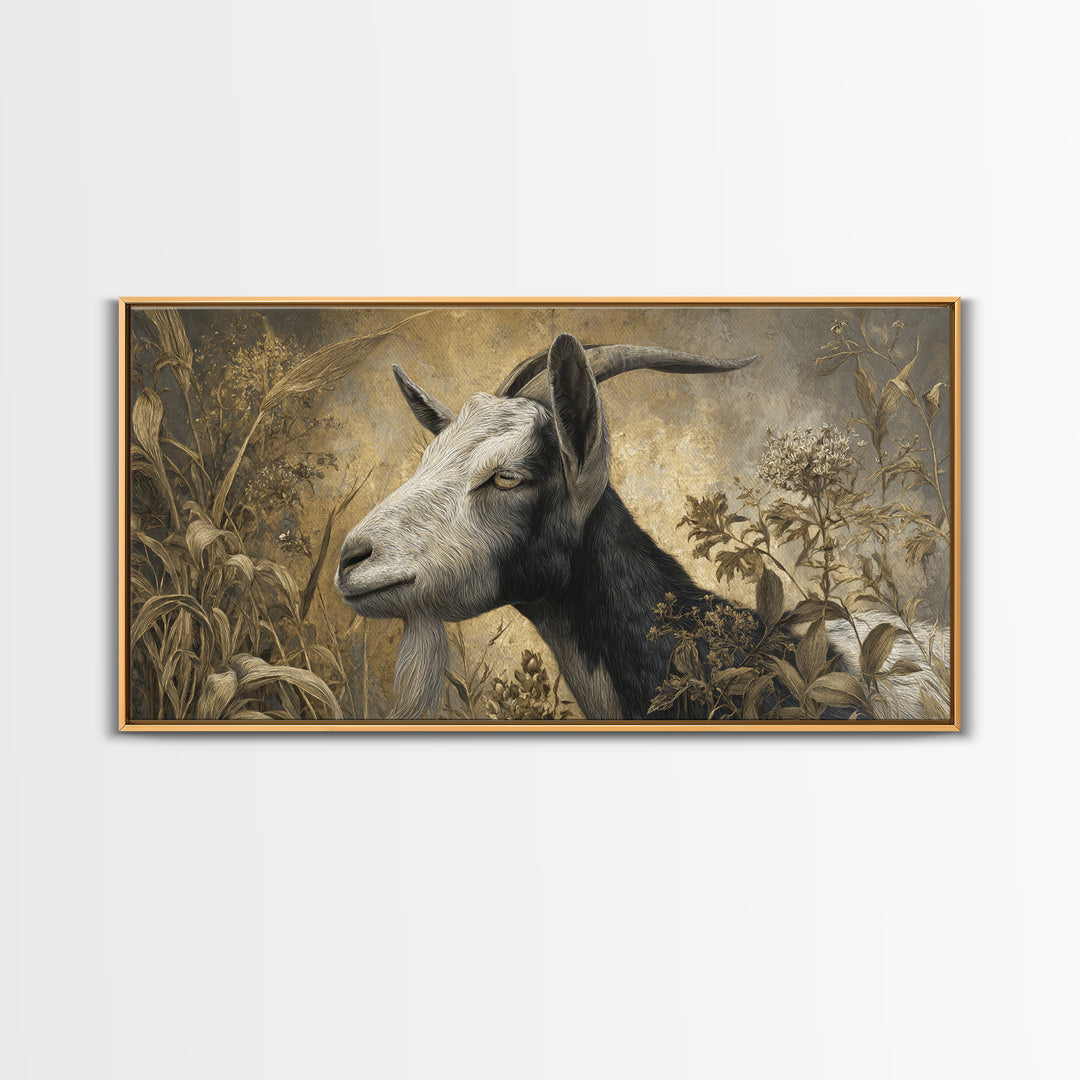 Goat Portrait with Rustic Folk Art Personality Canvas Print, Animal Art, Oil Painting, Living Room Decor, Fine Art, Creature, ANI-2x1-89