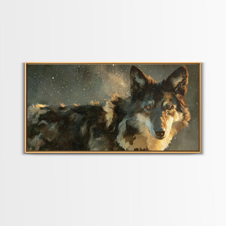 Wolf Silhouette Beneath a Star Filled Sky Framed Canvas Print, Animal Art, Art, Living Room Decor, Oil Painting, Creature, ANI-2x1-90