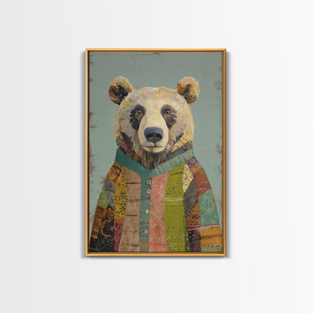 Whimsical Bear in a Patterned Sweater with Canvas Print, Animal Art, Luxury Decor, Living Room Decor, Fine Art, Creature, ANI-2x3-10