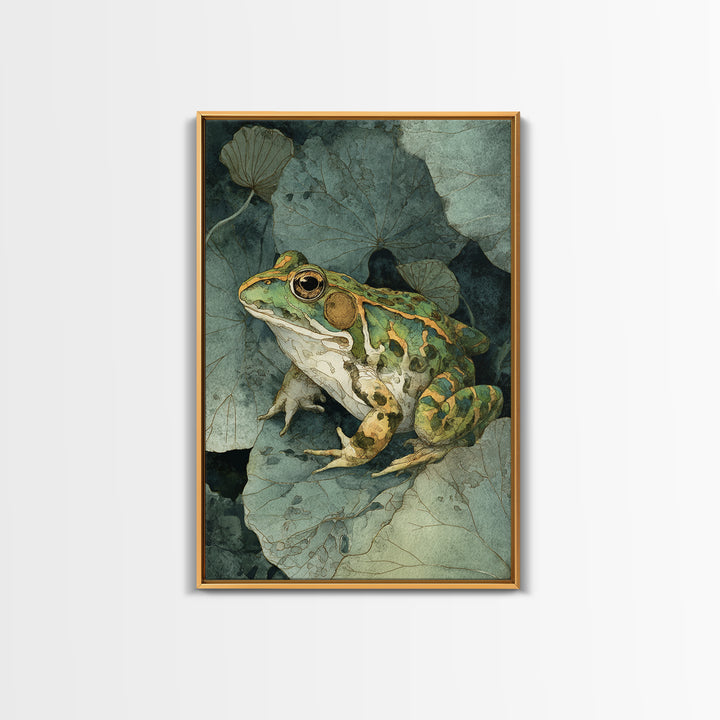 Frog on a Lotus Leaf Framed Canvas Print, Animal Art, Art Print, Living Room Decor, Watercolor Art, Creature, Digital Art, ANI-2x3-100