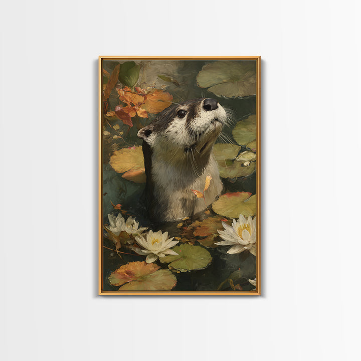 Playful Otter Floating Among Lily Pads Canvas Print, Animal Art, Boho Wall Art, Living Room Decor, Fine Art, Creature, ANI-2x3-16