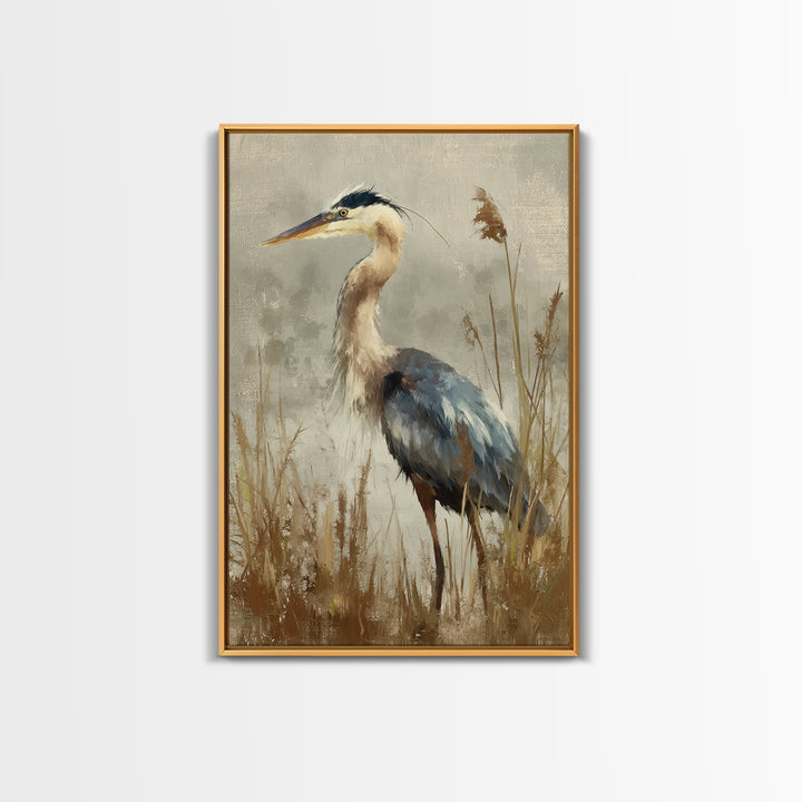 Blue Heron Standing Framed Canvas Print, Animal Art, Neutral Decor, Living Room Decor, Fine Art, Creature, Wall Art, Home Decor, ANI-2x3-19