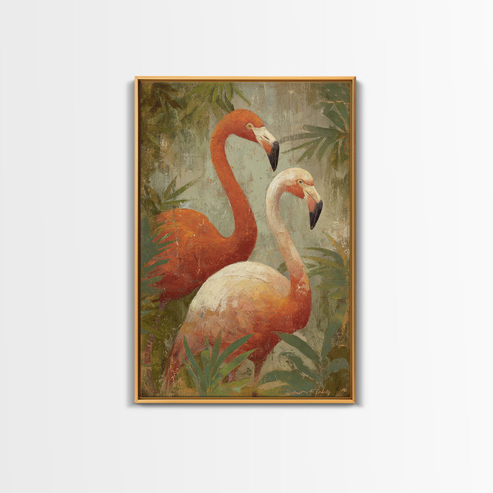Flamingo Pair in Elegant Coral and Cream Framed Canvas Print, Animal Art, Trendy Wall Art, Living Room Decor, Creature, ANI-2x3-3