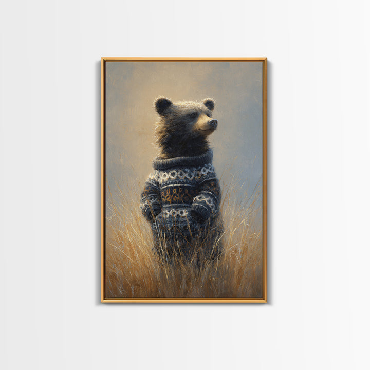 Whimsical Bear in a Patterned Sweater with Framed Canvas Print, Animal Art, Contemporary Art, Living Room Decor, Creature, ANI-2x3-34