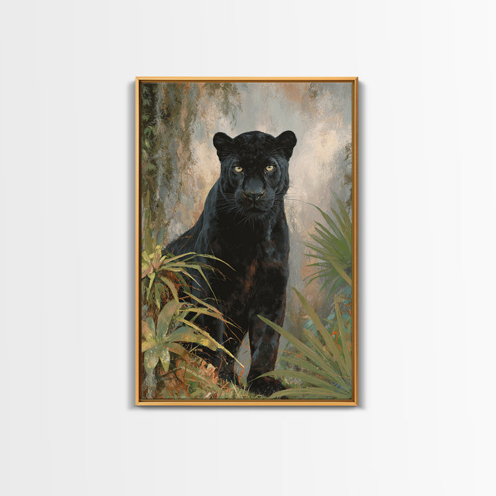Dramatic Black Panther Emerging from Deep Jungle Framed Canvas Print, Animal Art, Wall Art, Living Room Decor, Creature, ANI-2x3-38