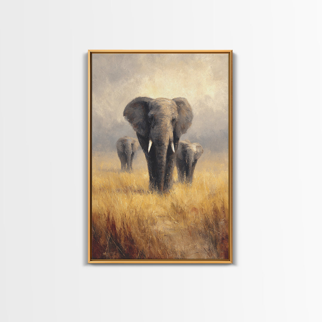 Elephant Family Walking Through Dusty Golden Light Canvas Print, Animal Art, Textured Painting, Living Room Decor, Creature, ANI-2x3-46