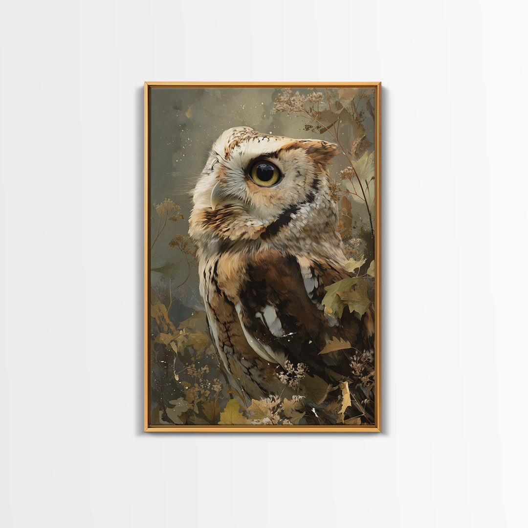 Owl with Moonlit Feathers and Celestial Accents Framed Canvas Print, Animal Art, Wall Art, Living Room Decor, Abstract Art, ANI-2x3-47