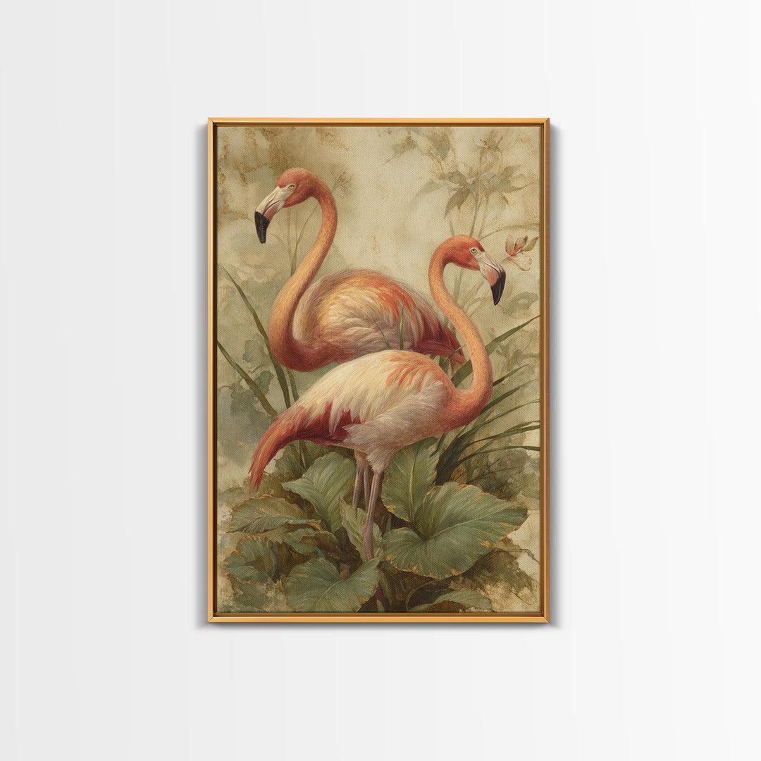 Flamingo Pair in Elegant Coral and Cream Framed Canvas Print, Animal Art, Room Decor, Living Room Decor, Oil Painting, Creature, ANI-2x3-51