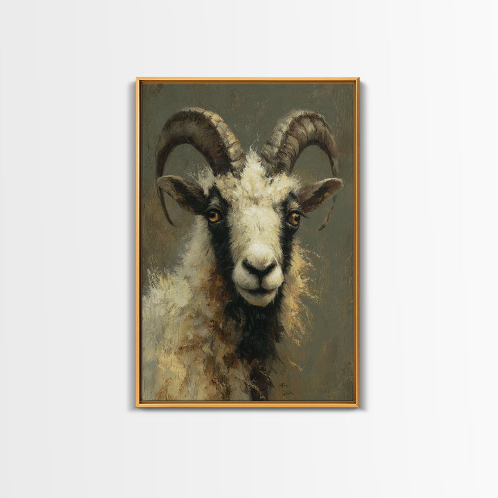 Goat Portrait with Rustic Folk Art Personality Framed Canvas Print, Animal Art, Digital Art, Living Room Decor, Oil Painting, ANI-2x3-53