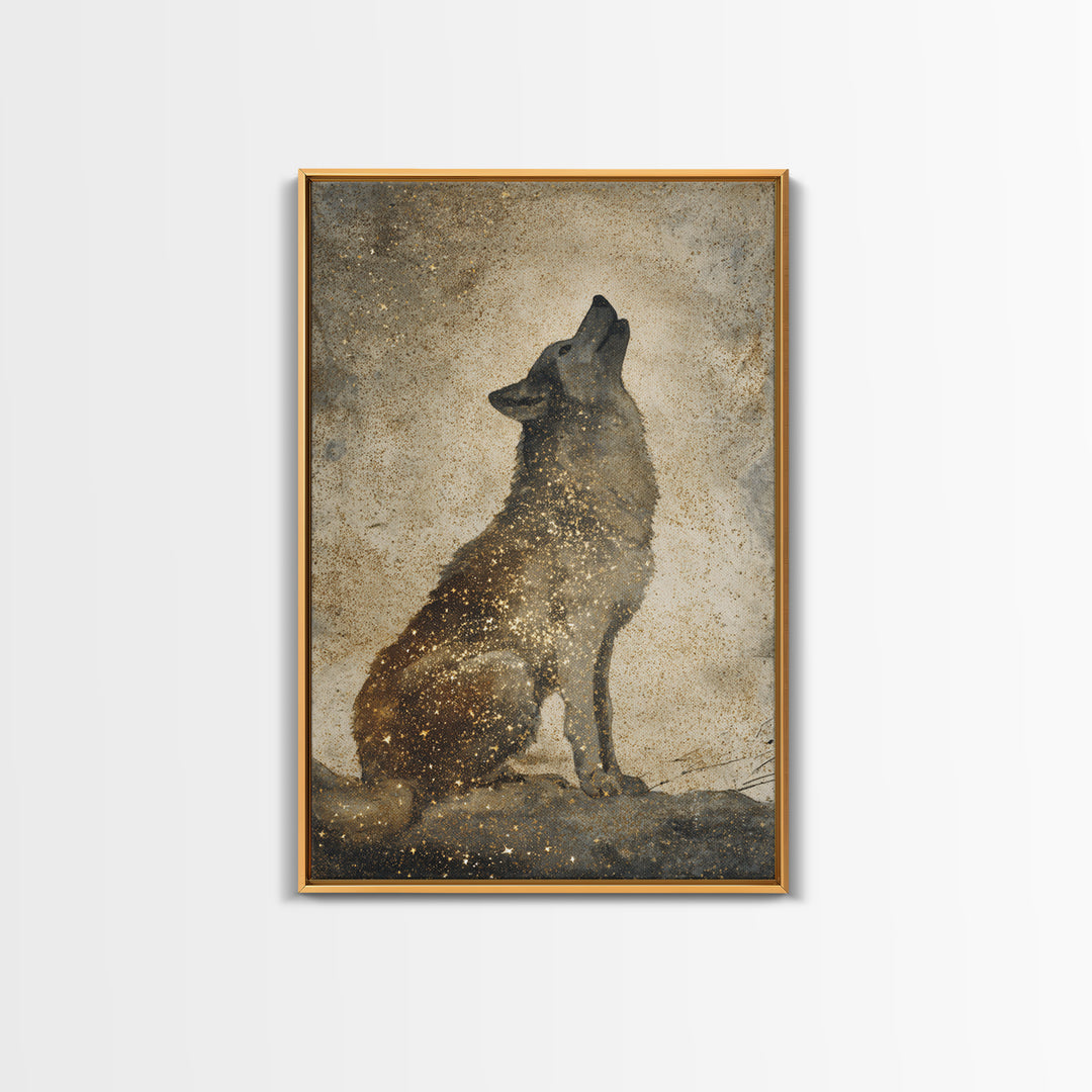 Wolf Silhouette Beneath a Star Filled Sky Canvas Print, Animal Art, Minimalist Decor, Living Room Decor, Fine Art, Creature, ANI-2x3-54