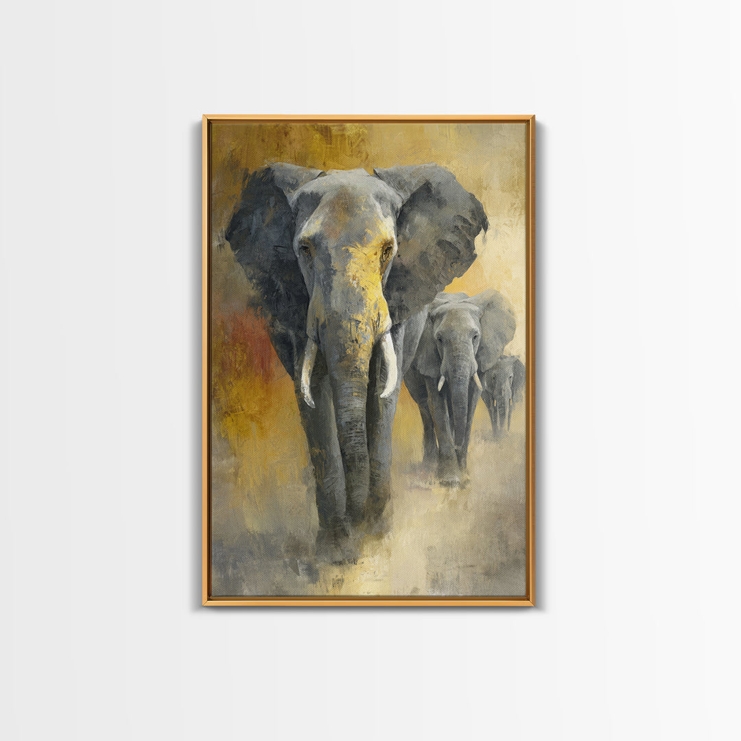 Elephant Family Walking Through Dusty Golden Light Canvas Print, Animal Art, Art, Living Room Decor, Fine Art, Creature, ANI-2x3-70