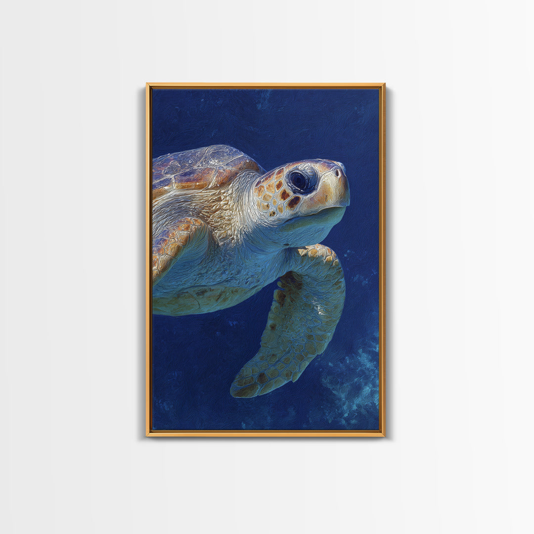 Sea Turtle Drifting Through Luminous Blue Water Framed Canvas Print, Animal Art, Living Room Decor, Watercolor Art, Creature, ANI-2x3-74