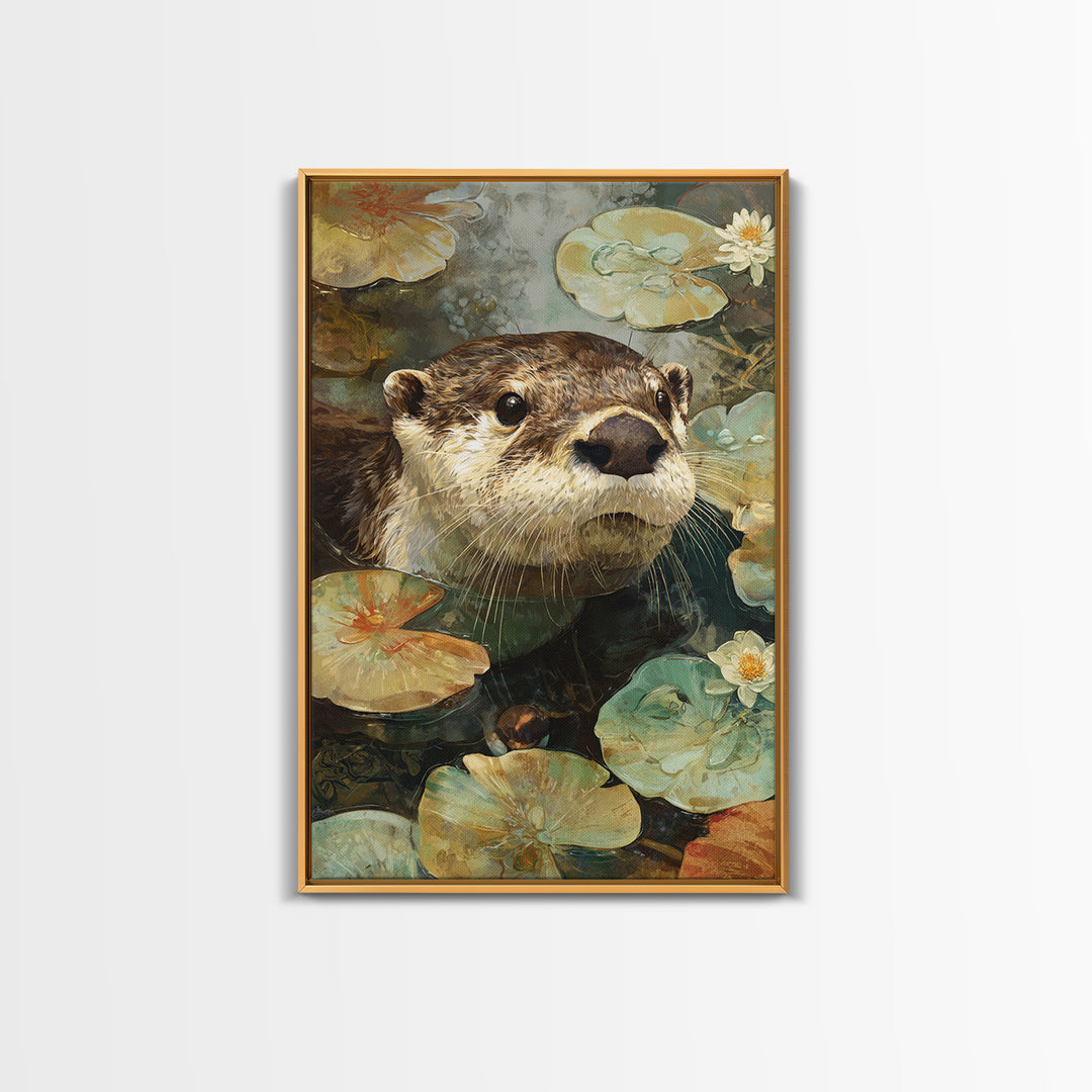 Playful Otter Floating Among Lily Pads Framed Canvas Print, Animal Art, Digital Art, Living Room Decor, Fine Art, Creature, ANI-2x3-88