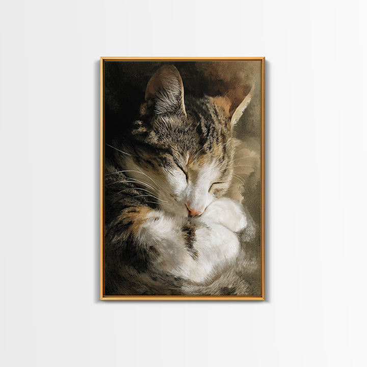 Sleeping Cat Curled Framed Canvas Print, Animal Art, Gallery Decor, Living Room Decor, Abstract Art, Creature, Contemporary Art, ANI-2x3-92