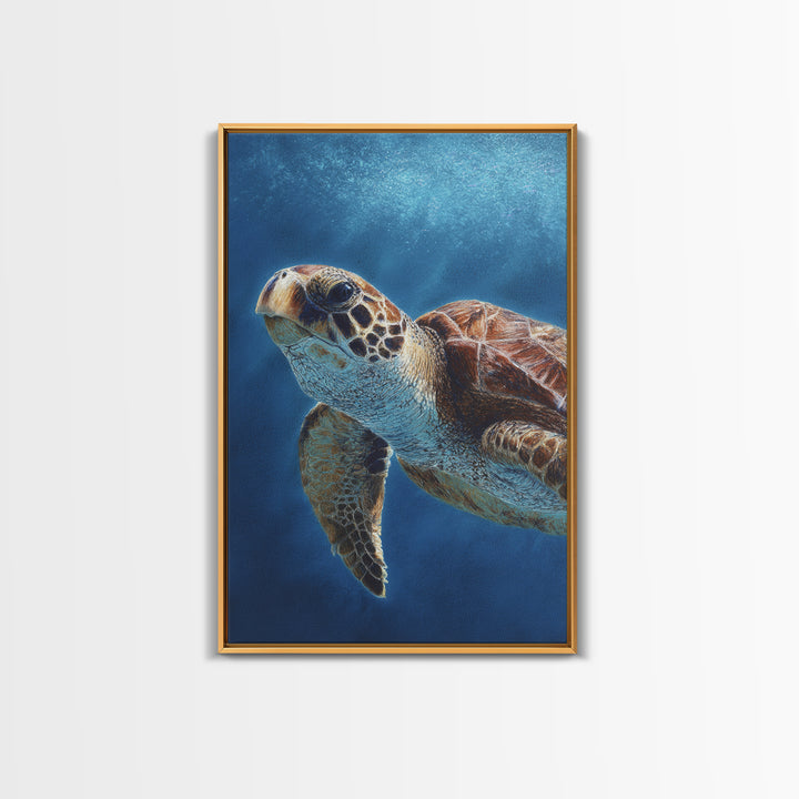 Sea Turtle Drifting Through Luminous Blue Water Framed Canvas Print, Animal Art, Living Room Decor, Watercolor Art, Creature, ANI-2x3-98