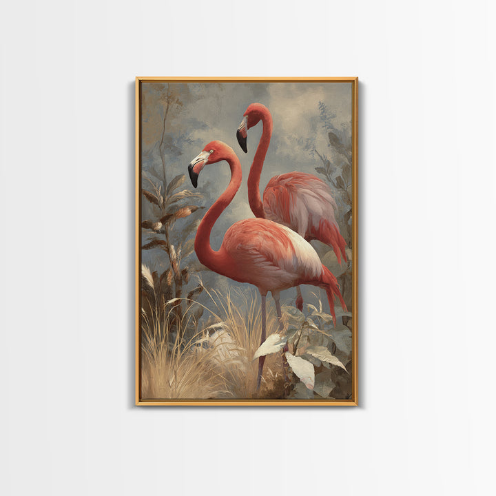 Flamingo Pair in Elegant Coral and Cream Canvas Print, Animal Art, Nursery Decor, Living Room Decor, Fine Art, Creature, ANI-2x3-99