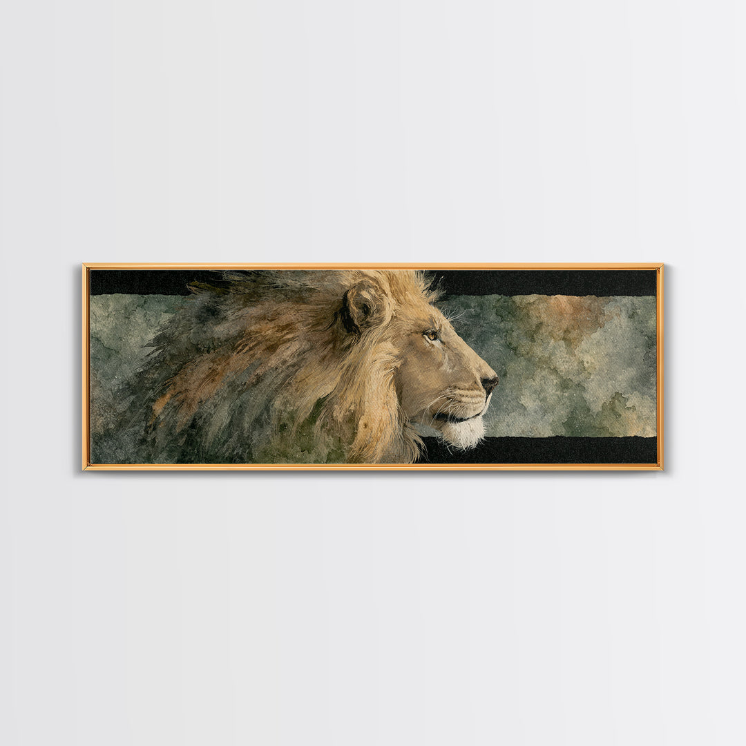 Regal Lion Profile Framed Canvas Print, Animal Art, Art Deco, Living Room Decor, Creature, Cat Art, Safari Nursery Decor, ANI-3x1-1