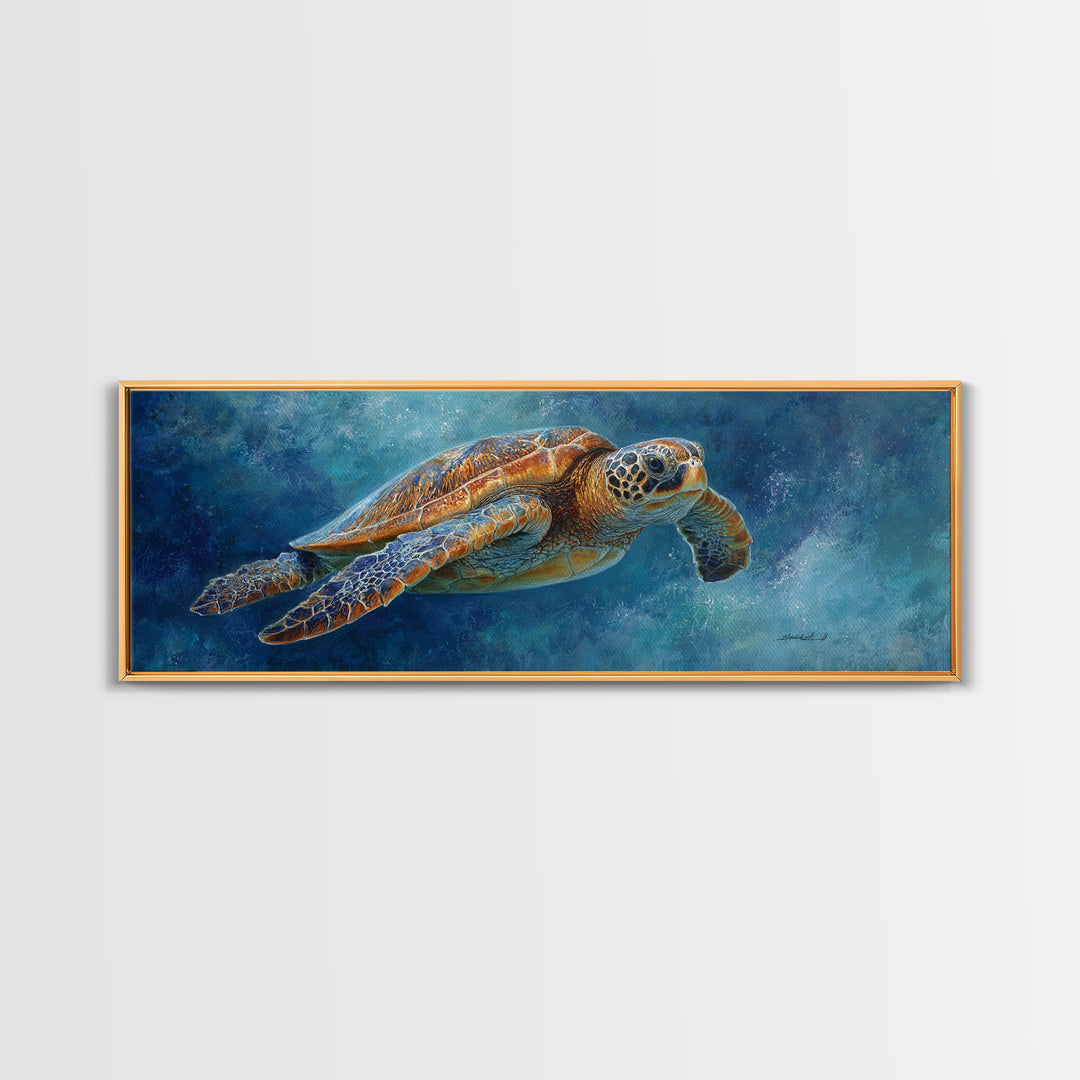 Sea Turtle Drifting Through Luminous Blue Water Framed Canvas Print, Animal Art, Home Decor, Living Room Decor, Creature, ANI-3x1-10