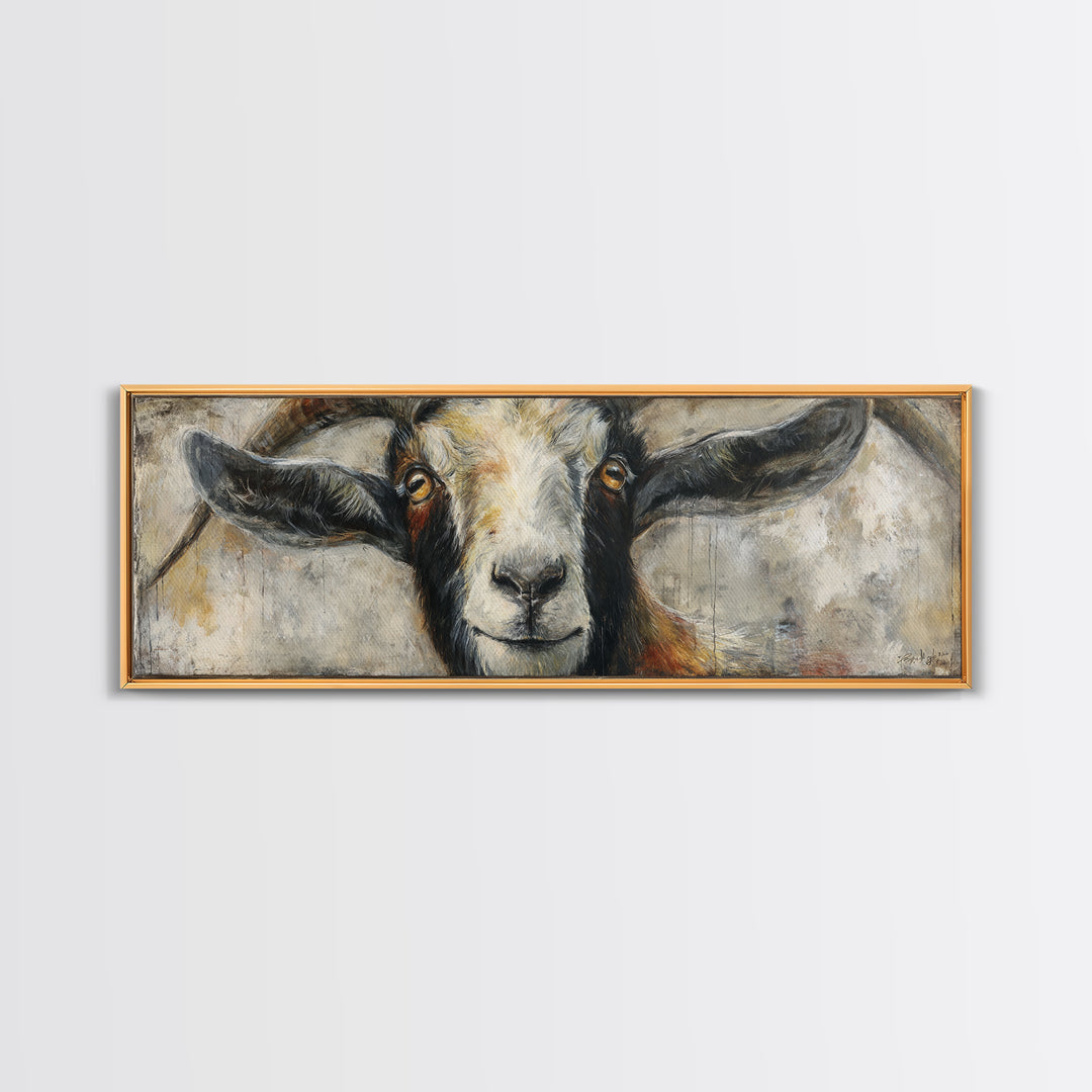 Goat Portrait with Rustic Folk Art Personality Canvas Print, Animal Art, Oil Painting, Living Room Decor, Fine Art, Creature, ANI-3x1-13