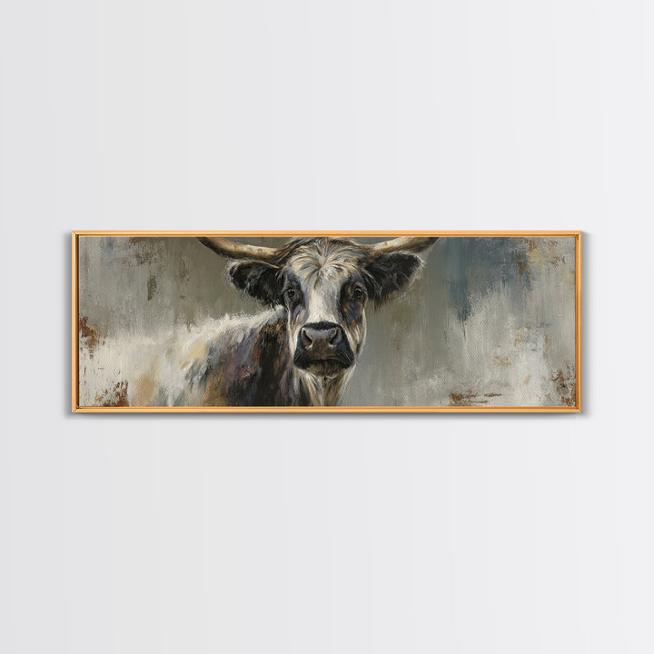 Gentle Cow Portrait Framed Canvas Print, Animal Art, Boho Decor, Living Room Decor, Oil Painting, Creature, Digital Prints, ANI-3x1-23