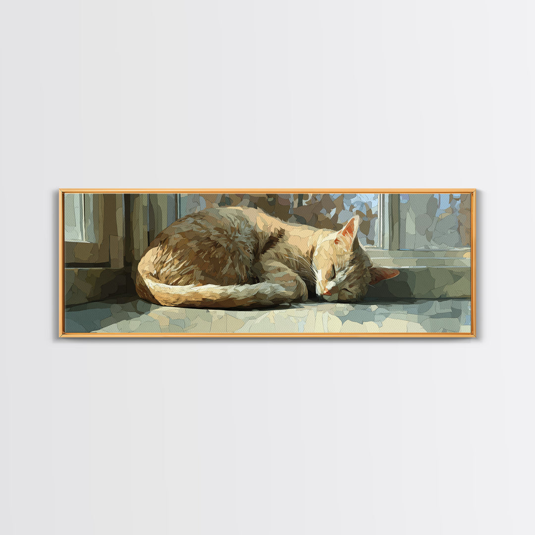 Sleeping Cat Curled Framed Canvas Print, Animal Art, Trendy Wall Art, Living Room Decor, Oil Painting, Creature, ANI-3x1-28