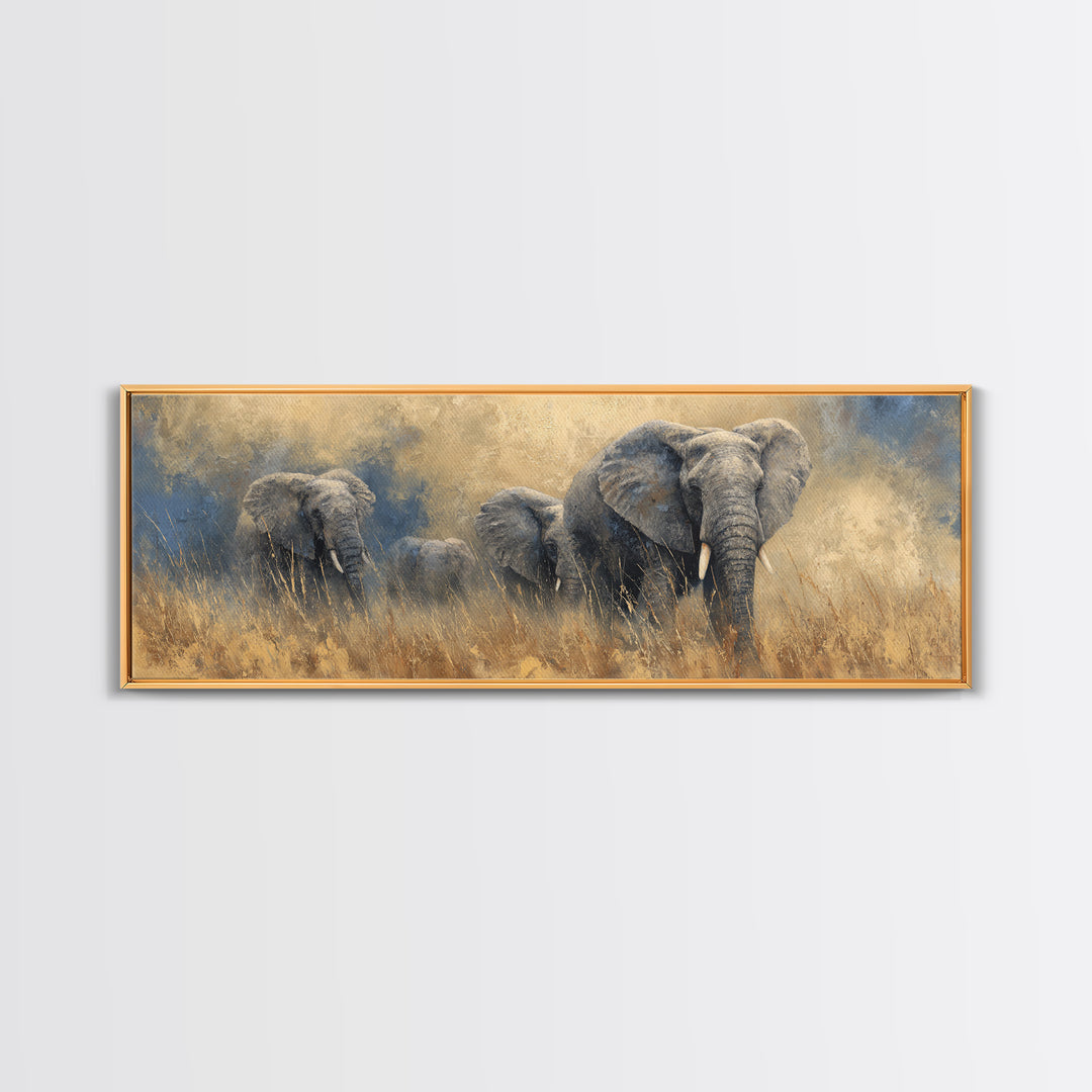 Elephant Family Walking Through Dusty Golden Light Canvas Print, Animal Art, Wall Art, Living Room Decor, Fine Art, Creature, ANI-3x1-30