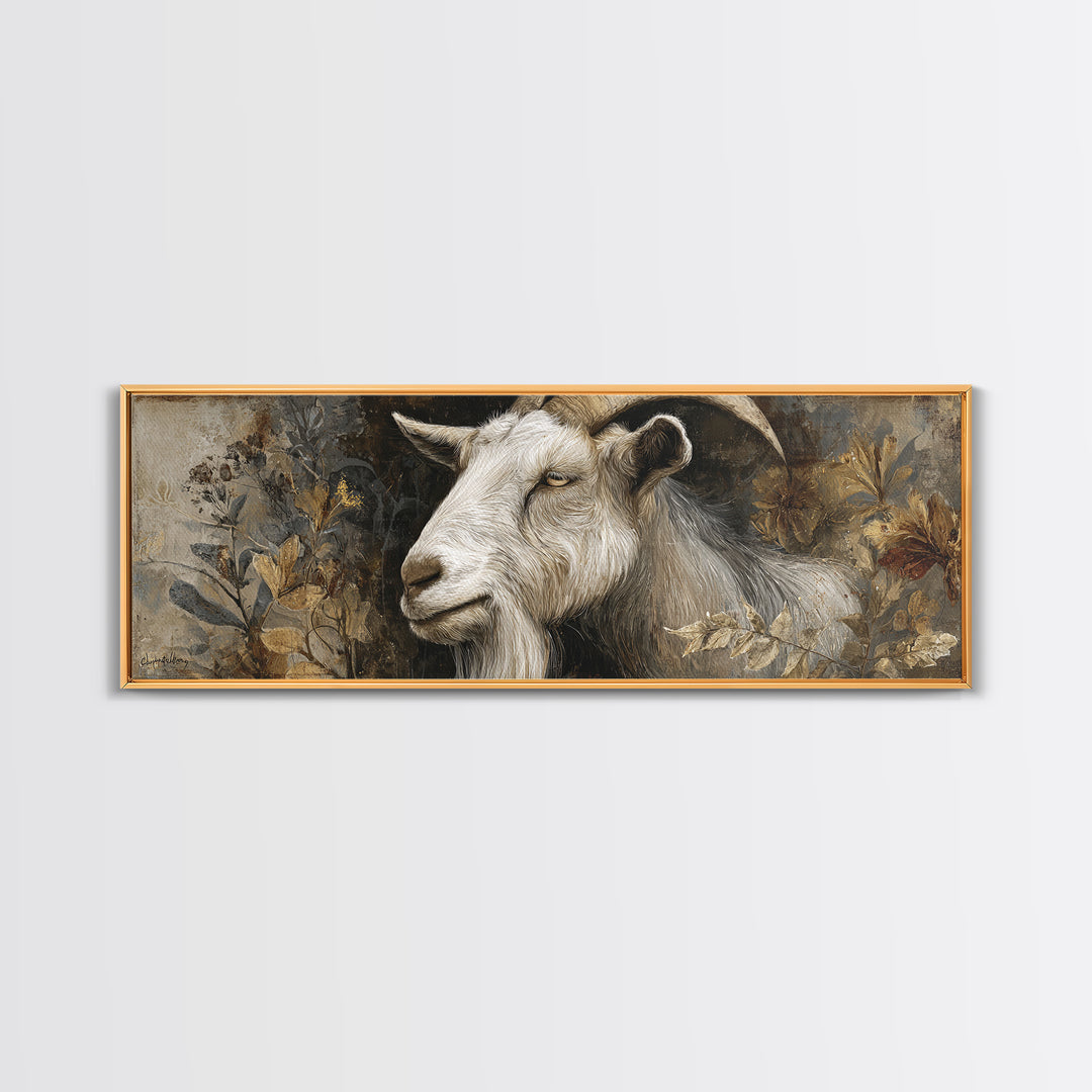Goat Portrait with Rustic Folk Art Personality Framed Canvas Print, Animal Art, Digital Print, Living Room Decor, Creature, ANI-3x1-37