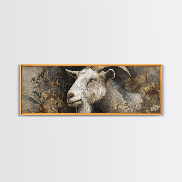 Goat Portrait with Rustic Folk Art Personality Framed Canvas Print, Animal Art, Digital Print, Living Room Decor, Creature, ANI-3x1-37
