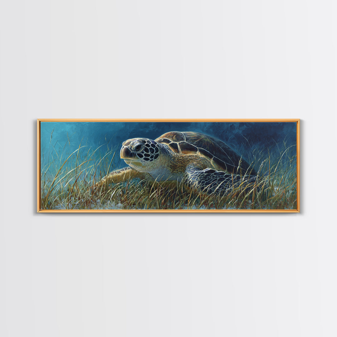 Sea Turtle Drifting Through Luminous Blue Water Framed Canvas Print, Animal Art, Nursery Decor, Living Room Decor, Creature, ANI-3x1-58