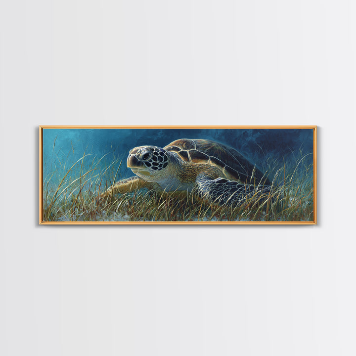 Sea Turtle Drifting Through Luminous Blue Water Framed Canvas Print, Animal Art, Nursery Decor, Living Room Decor, Creature, ANI-3x1-58