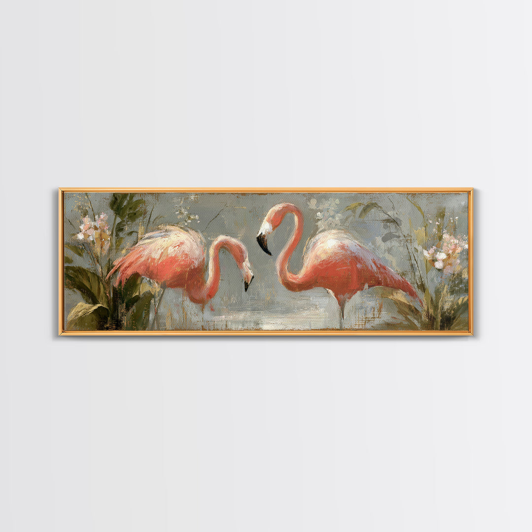 Flamingo Pair in Elegant Coral and Cream Framed Canvas Print, Animal Art, Wall Art, Living Room Decor, Fine Art, Creature, ANI-3x1-59