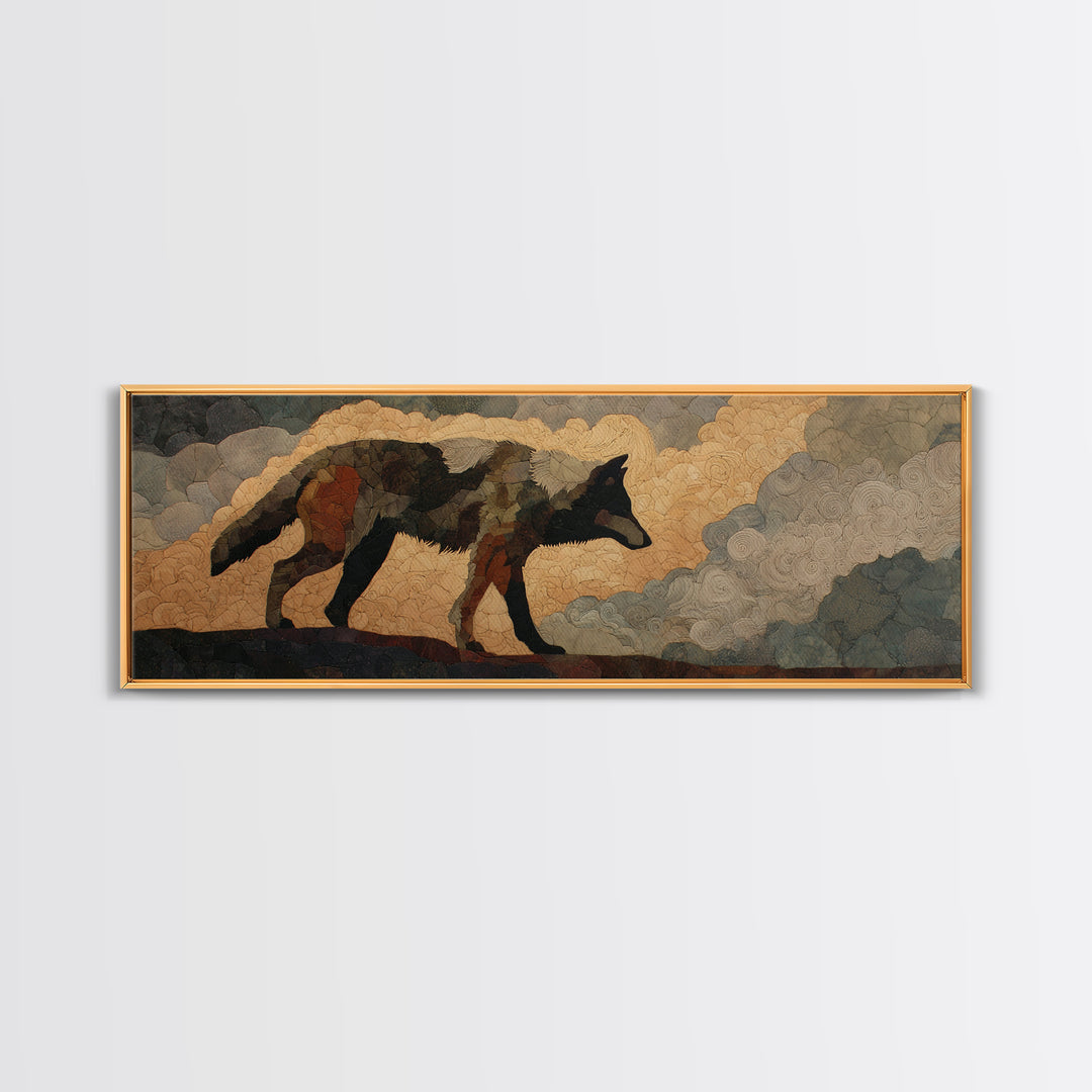 Wolf Silhouette Beneath a Star Filled Sky Canvas Print, Animal Art, Gallery Decor, Living Room Decor, Oil Painting, Creature, ANI-3x1-62