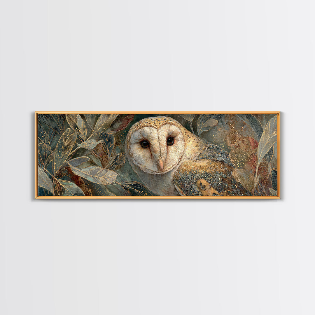 Owl with Moonlit Feathers and Celestial Accents Framed Canvas Print, Animal Art, Neutral Decor, Living Room Decor, Creature, ANI-3x1-7
