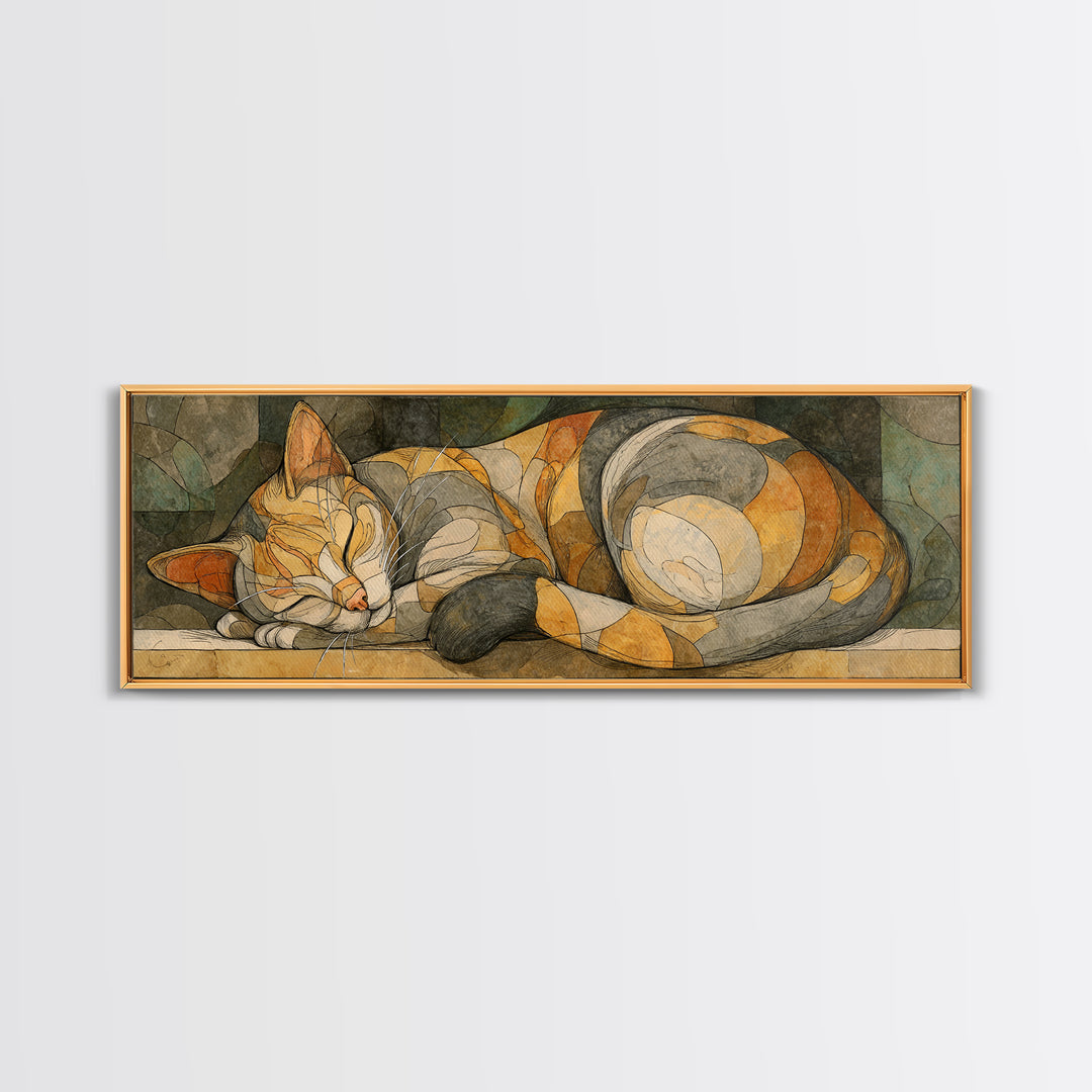 Sleeping Cat Curled Canvas Print, Animal Art, Home Decor, Living Room Decor, Fine Art, Creature, Art Deco, Original Art, ANI-3x1-76