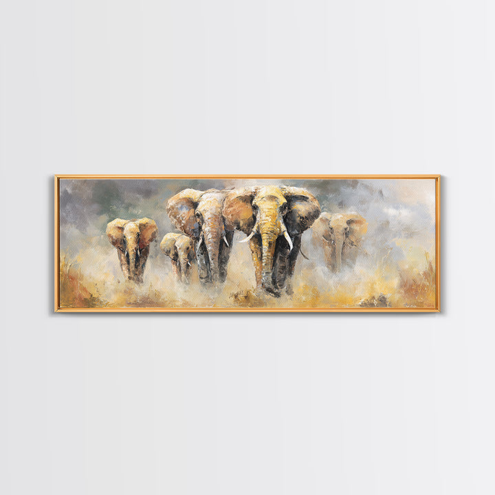 Elephant Family Walking Through Dusty Golden Light Canvas Print, Animal Art, Art, Living Room Decor, Fine Art, Creature, ANI-3x1-78